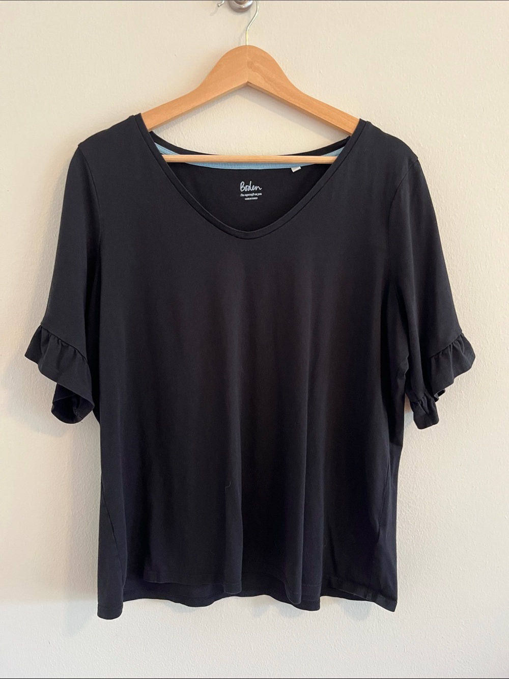 Boden Black V-Neck Short Sleeve Top with Ruffle Sleeves